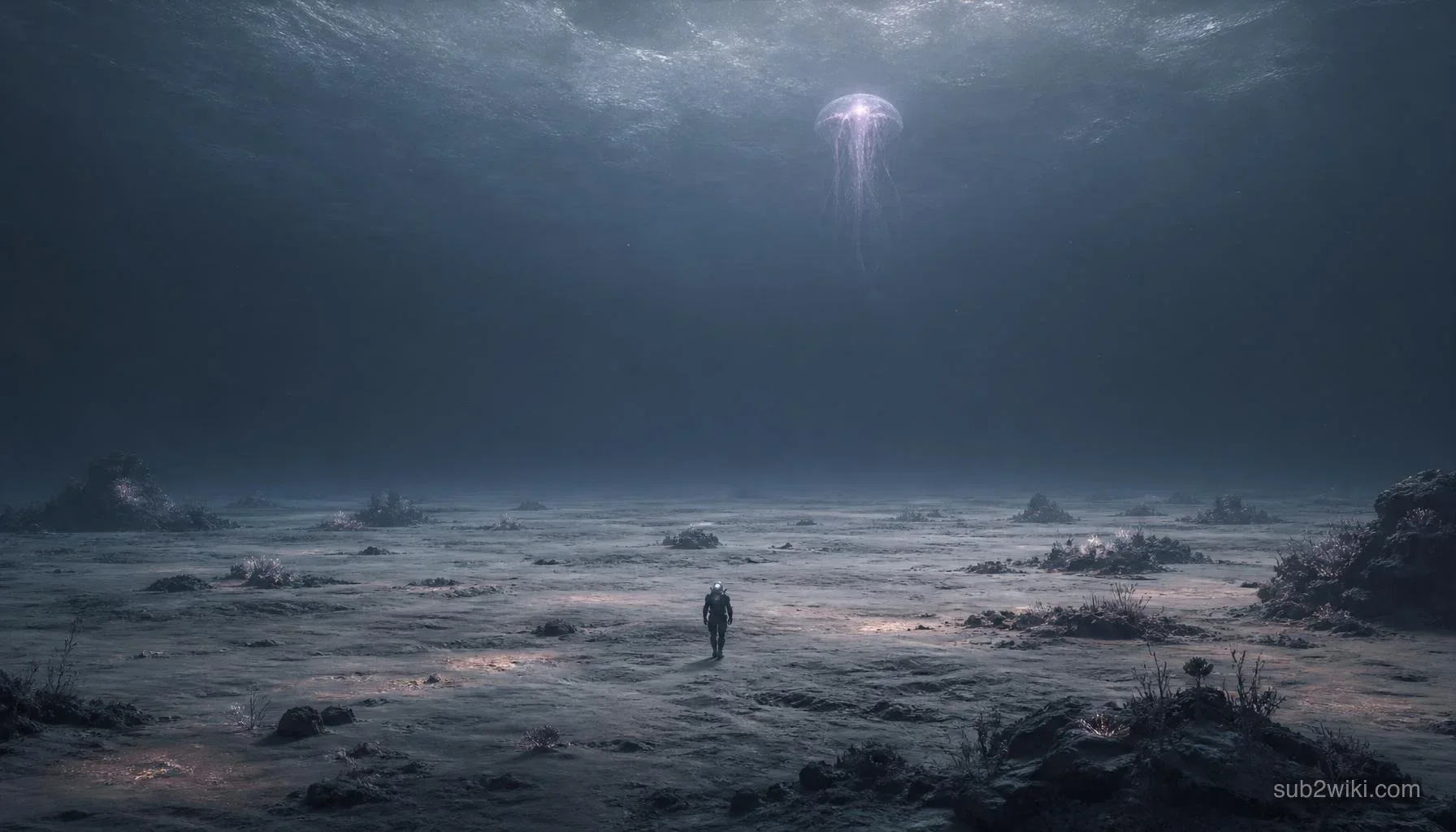 Sparse Plains biome concept art with sunlit shafts in deep water