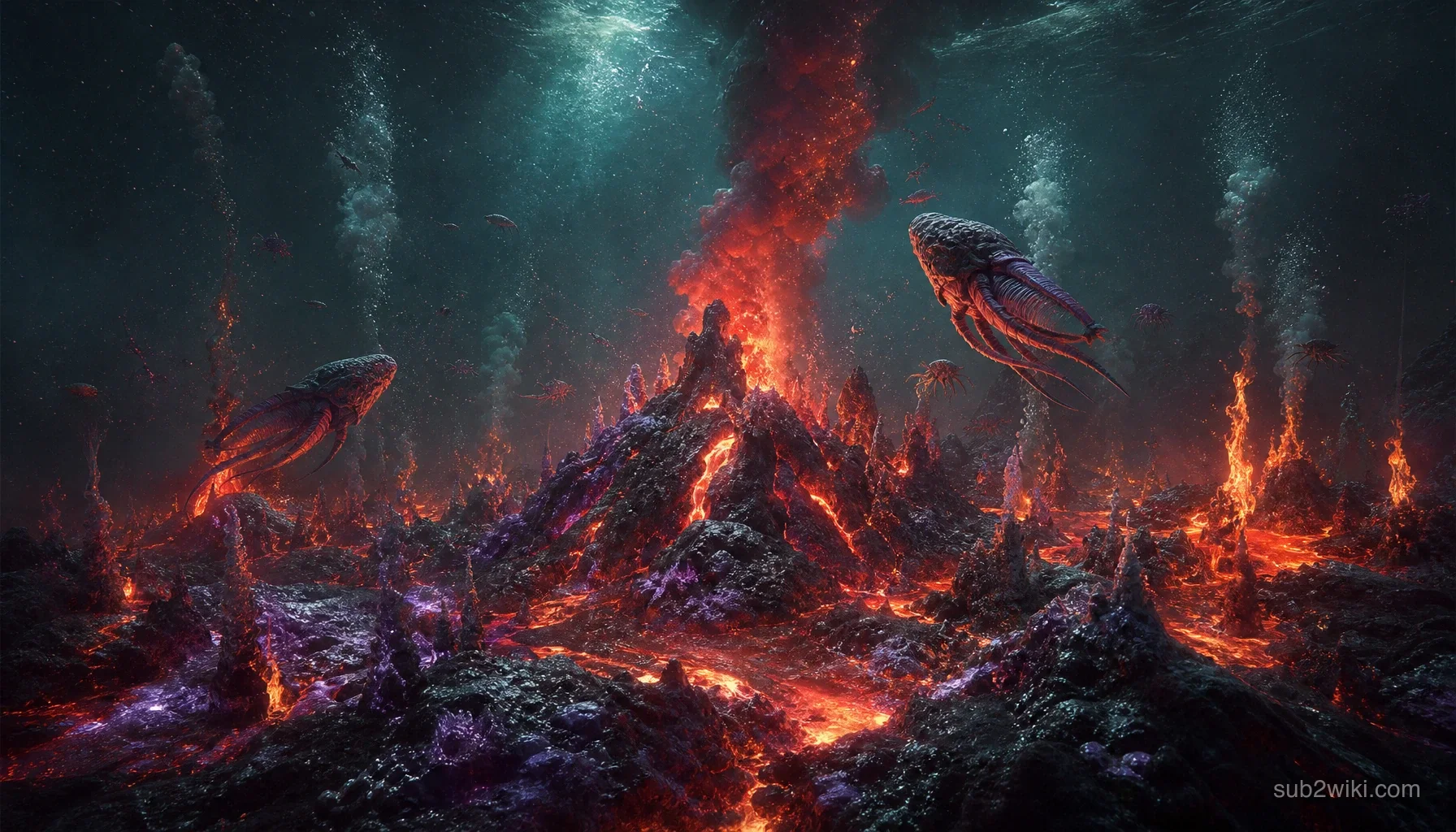 Underwater volcanic vent zone with glowing magma cracks and mineral chimneys.