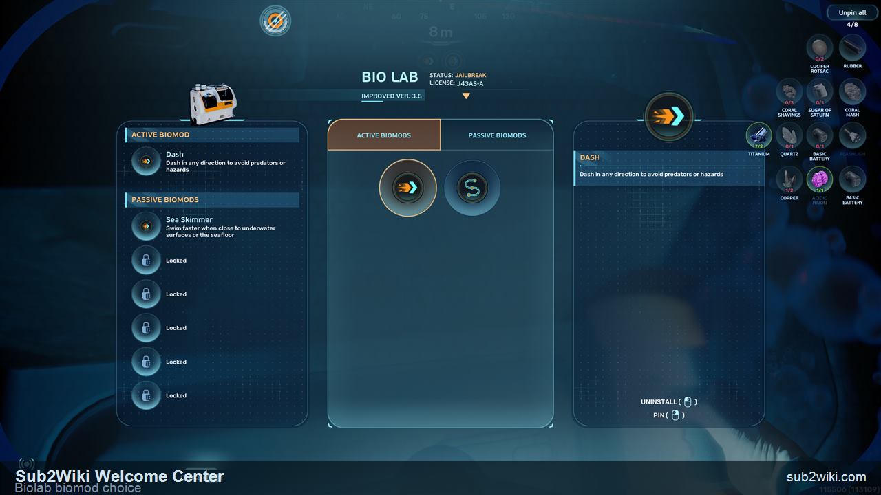 Subnautica 2 Biolab menu showing Dash and Sea Skimmer biomod choices.