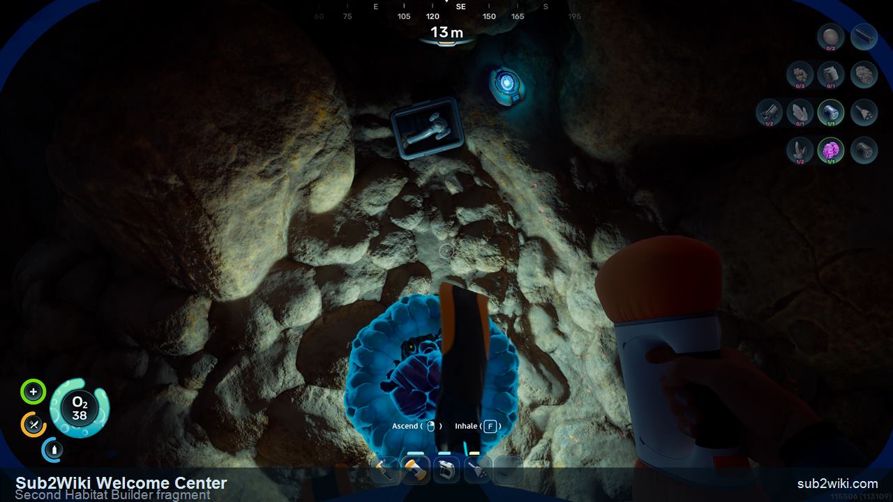 Subnautica 2 cave below the Welcome Center with oxygen and the second Habitat Builder fragment.