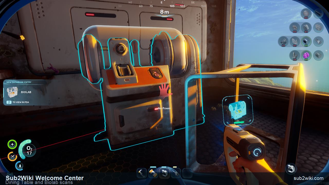 Subnautica 2 Welcome Center Biolab scan area where early biomods are selected.