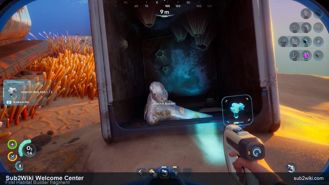 Subnautica 2 first Habitat Builder fragment beside the Welcome Center entrance.