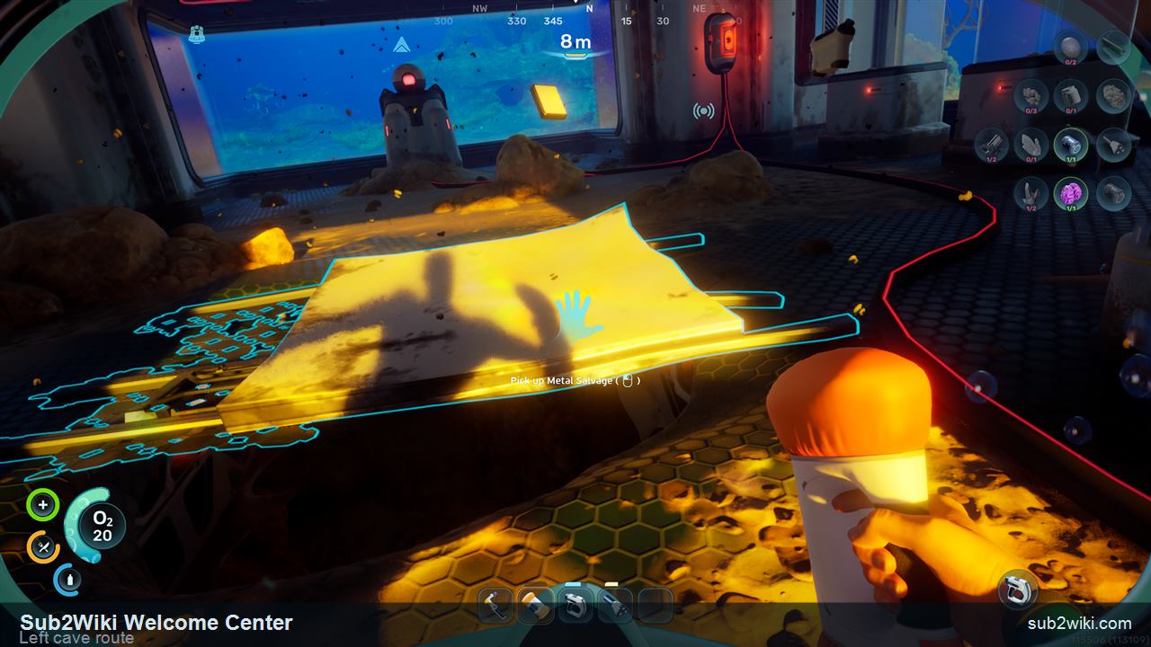 Subnautica 2 metal salvage on the left route toward the Welcome Center cave.