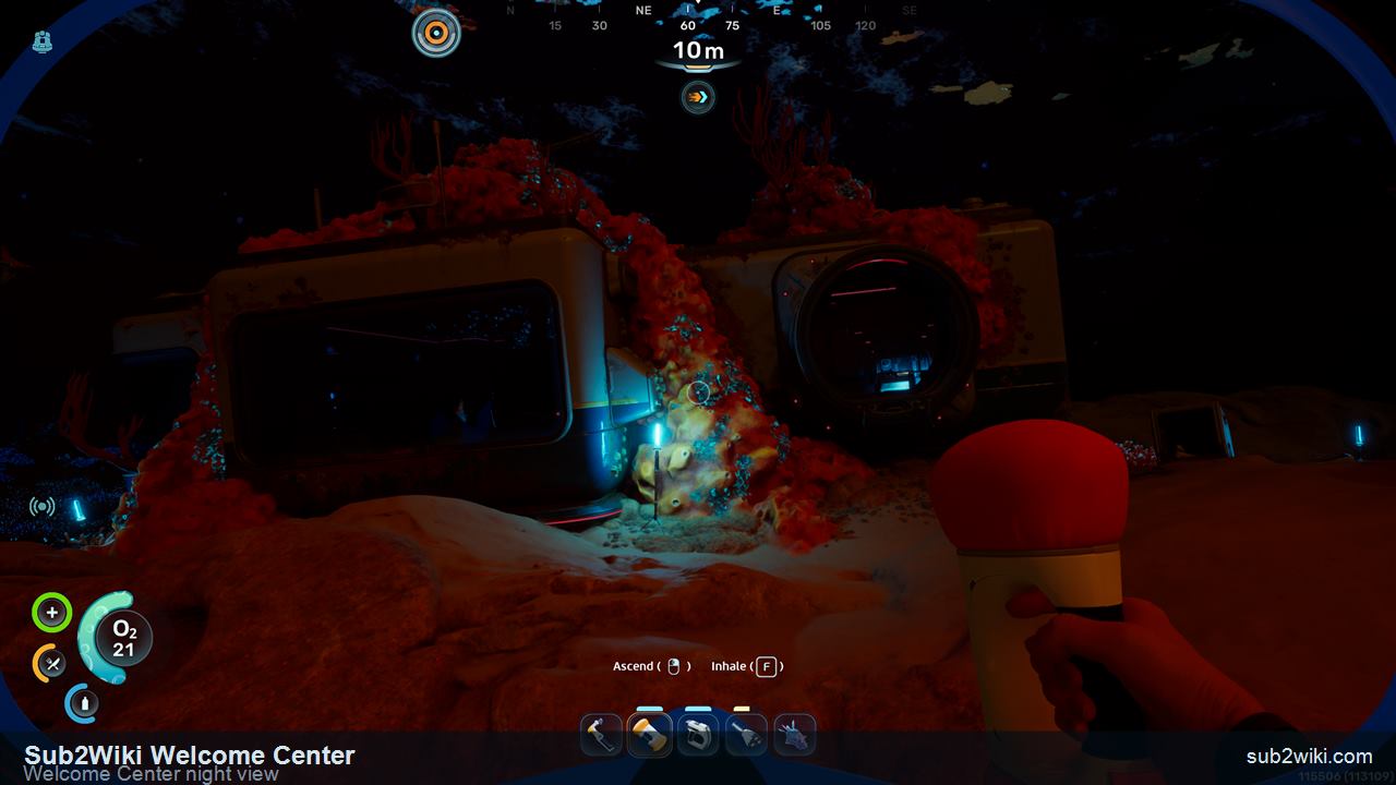 Subnautica 2 Welcome Center night view after restoring power.