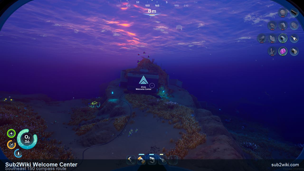 Subnautica 2 compass route to the Welcome Center at 150 degrees southeast from the Lifepod.