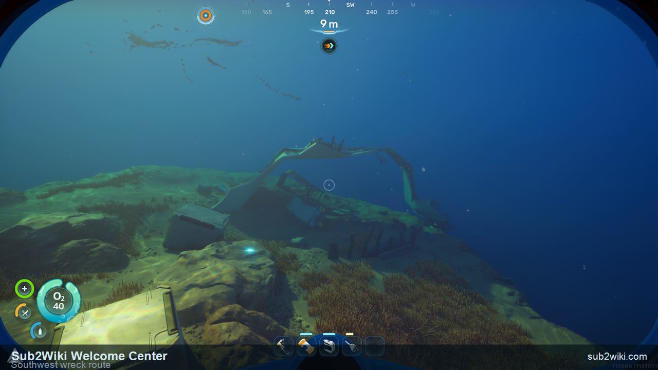 Subnautica 2 route from the Welcome Center toward the southwest wreck after choosing early biomods.