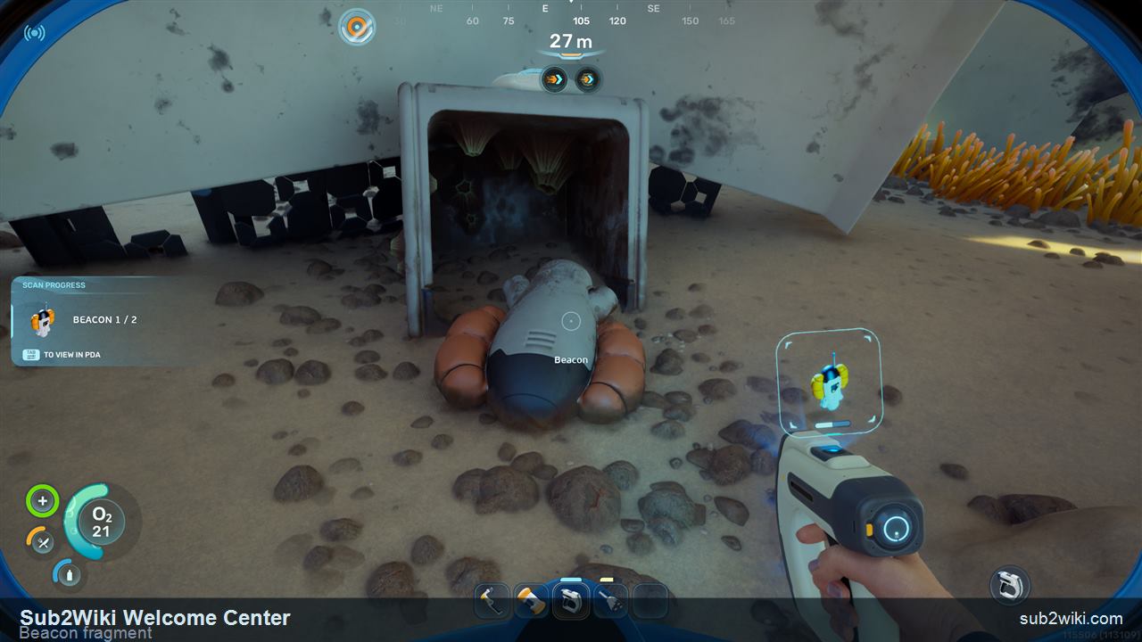 Subnautica 2 Beacon fragment at the southwest wreck after the Welcome Center.