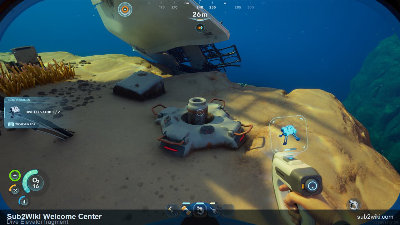 Subnautica 2 Dive Elevator fragment at the southwest wreck after the Welcome Center.