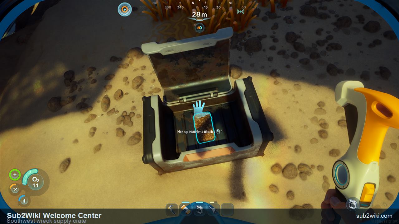 Subnautica 2 supply crate beside the southwest wreck after the Welcome Center.